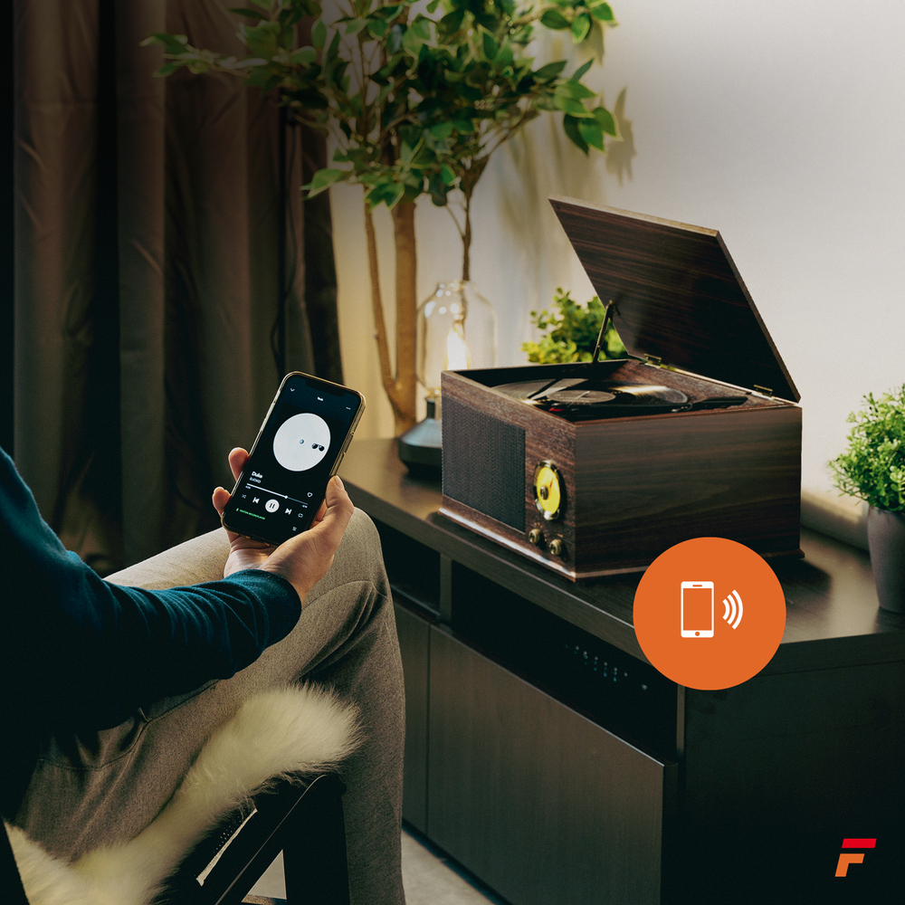 Gramofon z głośnikami Vintage USB, BT, FM ciemne drewno RP173  Fenton