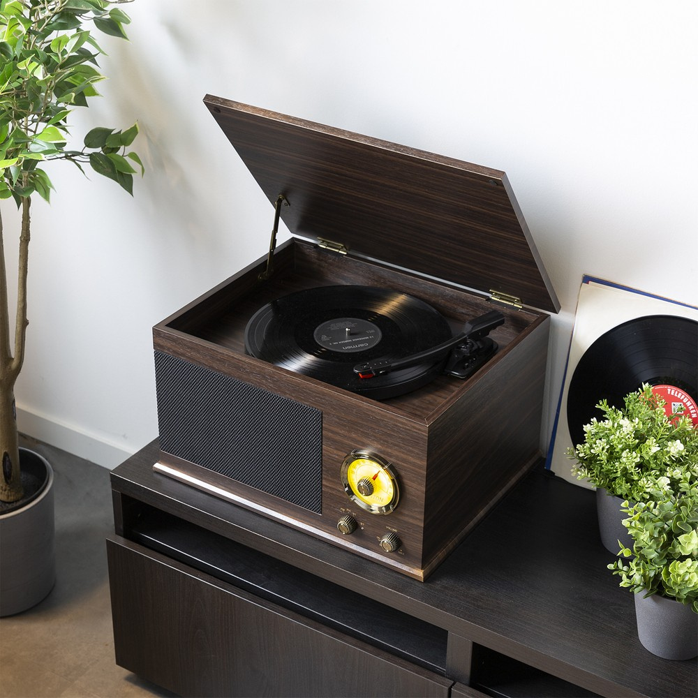 Gramofon z głośnikami Vintage USB, BT, FM ciemne drewno RP173  Fenton