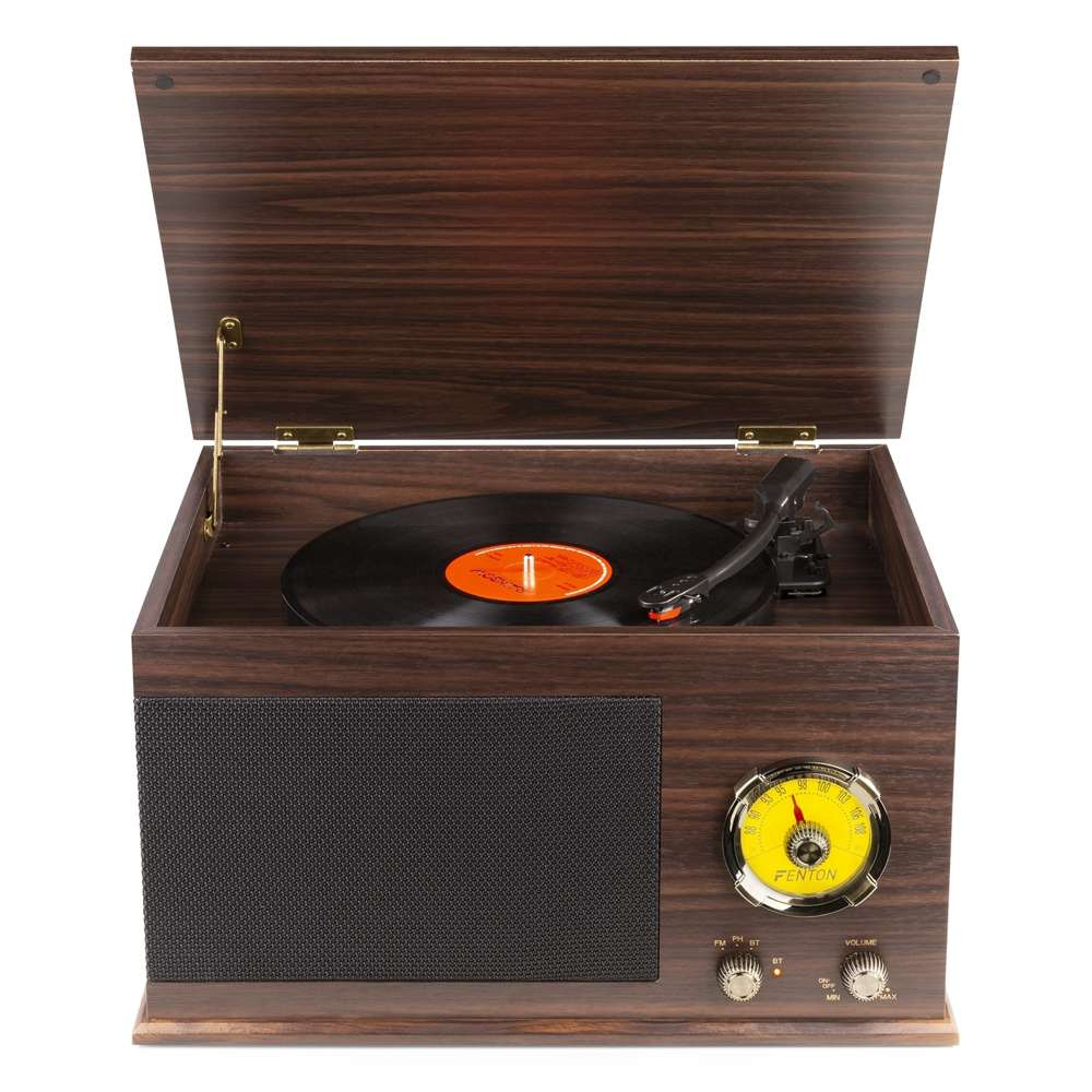 Gramofon z głośnikami Vintage USB, BT, FM ciemne drewno RP173  Fenton