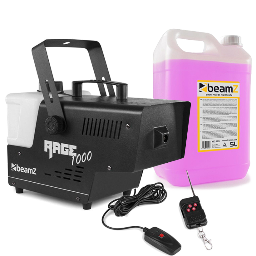 Wytwornica dymu z pilotem BeamZ Rage 1000+ Płyn do gęstego dymu 5L
