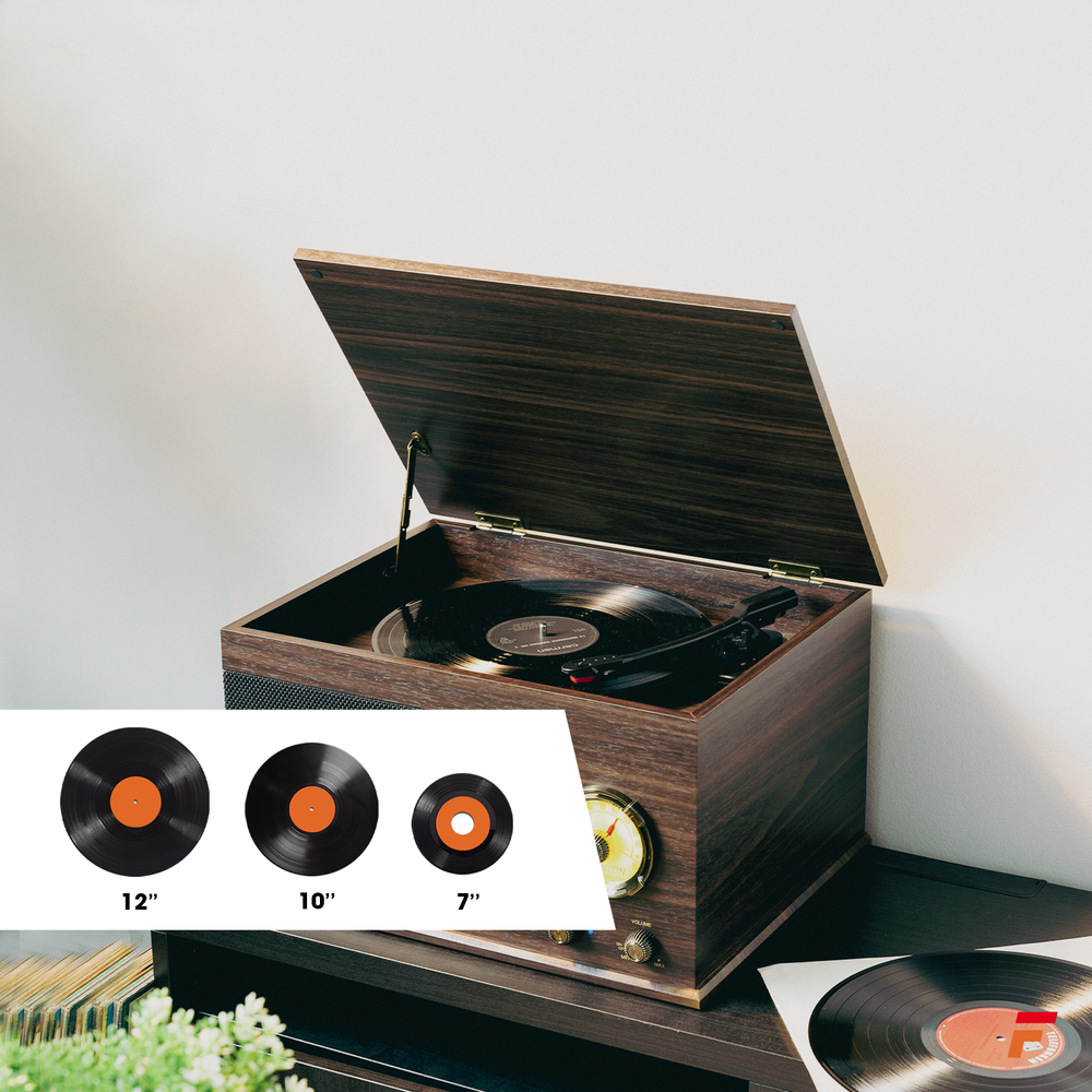 Gramofon z głośnikami Vintage USB, BT, FM ciemne drewno RP173  Fenton